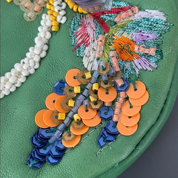 Anthropologie Monogram Green Floral Embellished Pouch NWT w/ defect Cottage Boho - Picture 3 of 11